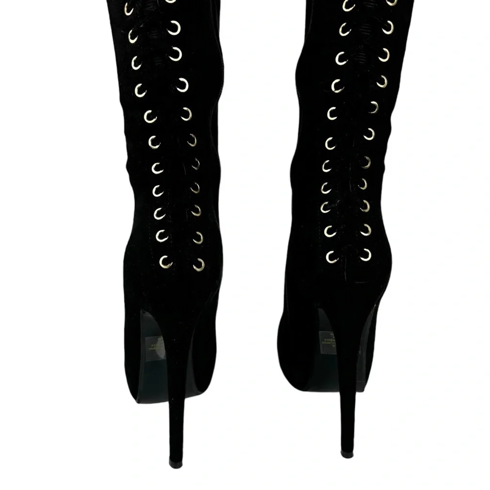 Steve Madden Ladysnte Lace Up Thigh High Boots Platform Black Faux Suede SZ 6.5